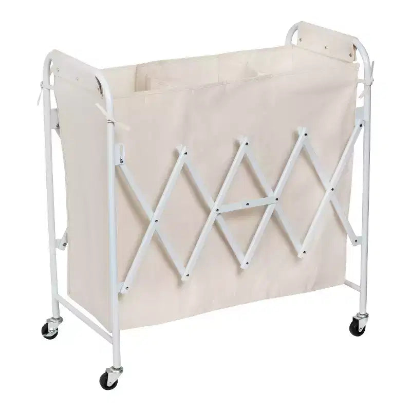 Honey-Can-Do Accordion Triple Sorter: White Steel Rolling Laundry Hamper with Wheels, Collapsible, Open-Top Design
