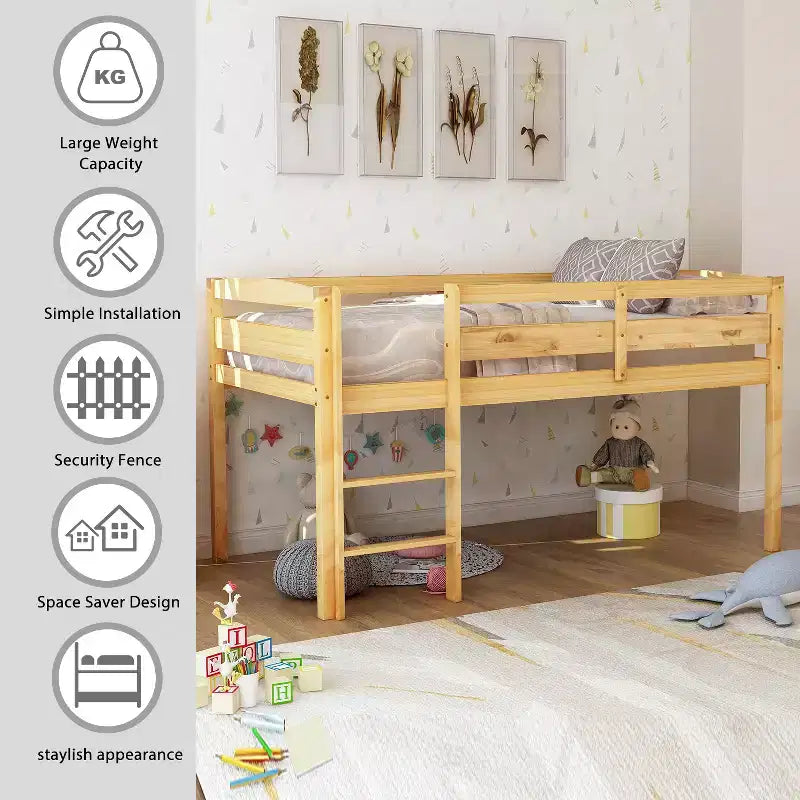 Letto a soppalco singolo con scaletta e sponde di sicurezza