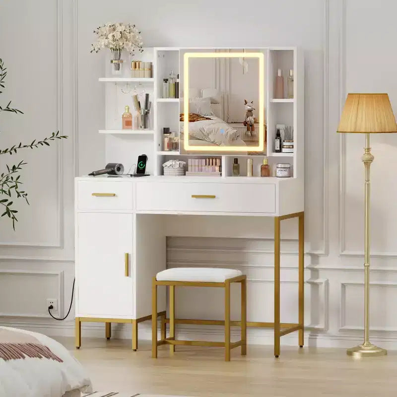 Toeletta da Trucco con Specchio a LED, 2 Cassetti e Sgabello Imbottito