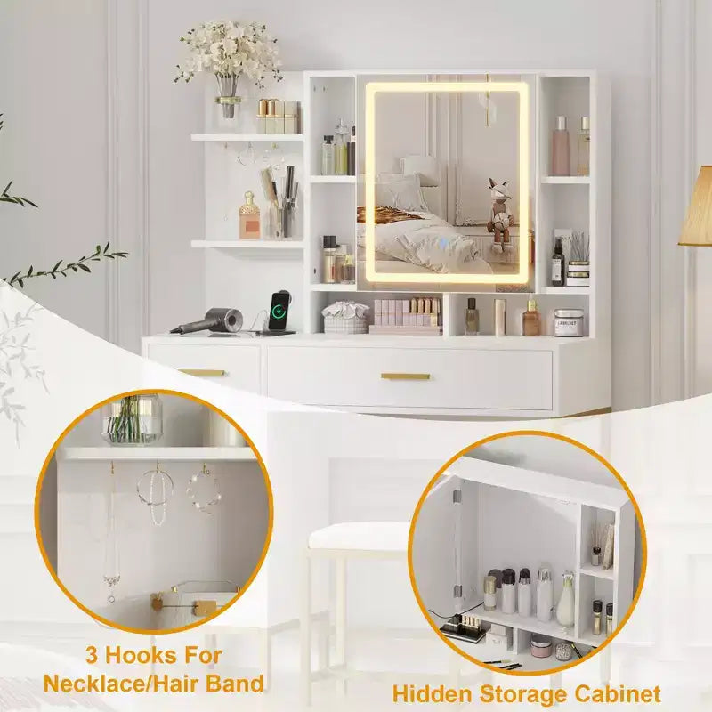 Toeletta da Trucco con Specchio a LED, 2 Cassetti e Sgabello Imbottito