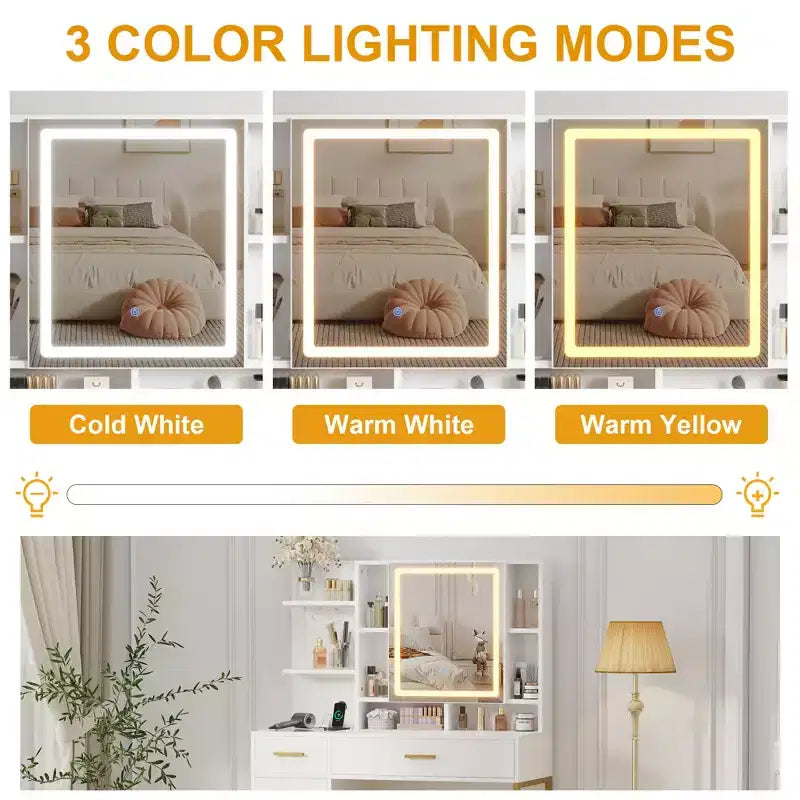 Toeletta da Trucco con Specchio a LED, 2 Cassetti e Sgabello Imbottito