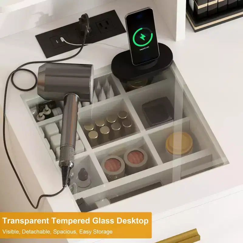Toeletta da Trucco con Specchio a LED, 2 Cassetti e Sgabello Imbottito