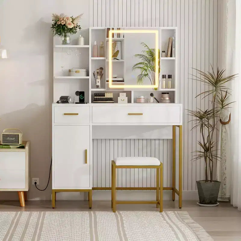 Toeletta da Trucco con Specchio a LED, 2 Cassetti e Sgabello Imbottito