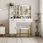 Toeletta da Trucco con Specchio a LED, 2 Cassetti e Sgabello Imbottito