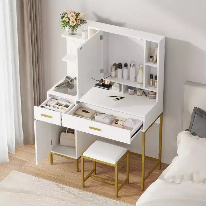 Toeletta da Trucco con Specchio a LED, 2 Cassetti e Sgabello Imbottito