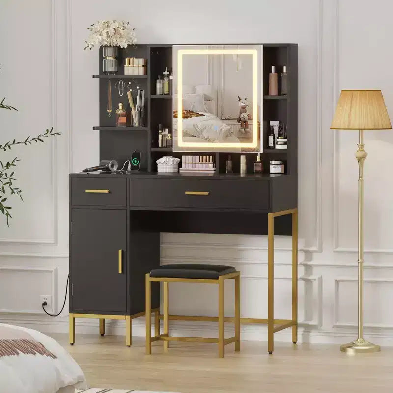 Toeletta da Trucco con Specchio a LED, 2 Cassetti e Sgabello Imbottito