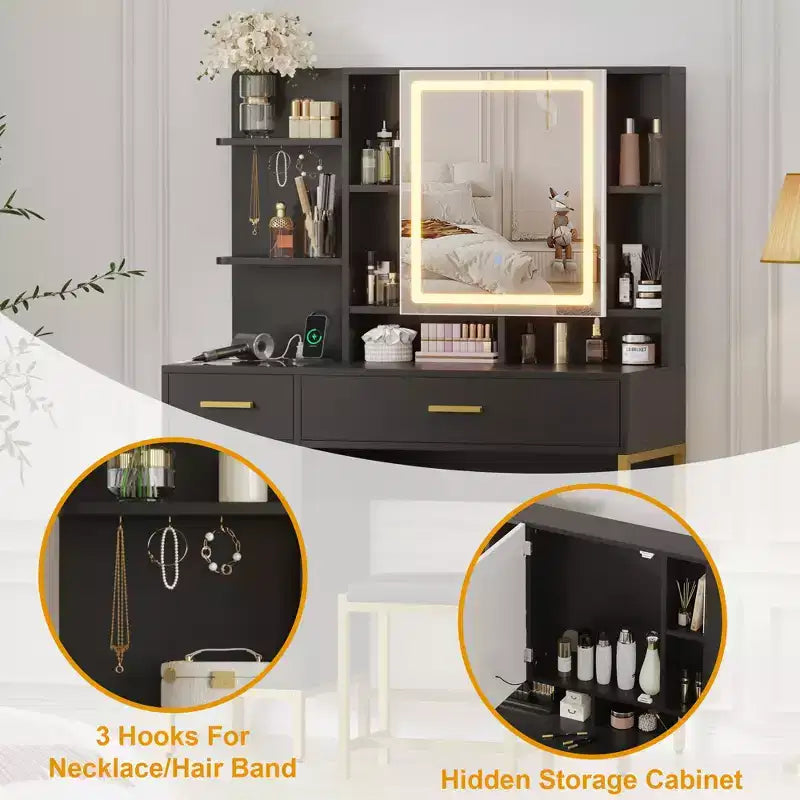 Toeletta da Trucco con Specchio a LED, 2 Cassetti e Sgabello Imbottito