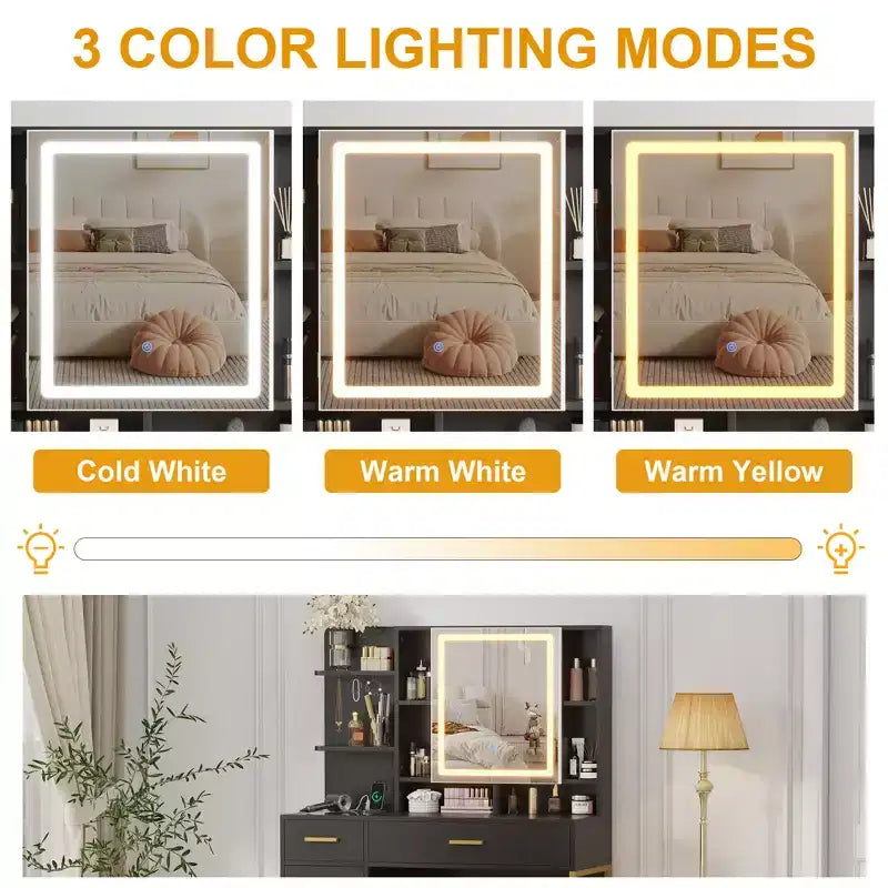 Toeletta da Trucco con Specchio a LED, 2 Cassetti e Sgabello Imbottito