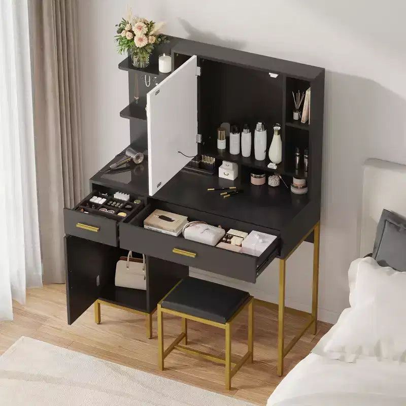 Toeletta da Trucco con Specchio a LED, 2 Cassetti e Sgabello Imbottito