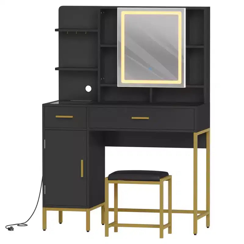 Makeup Vanity Desk with Mirror and Lights, 3 Lighting Modes Adjustable, Soft Cushioned Stool, 2 Drawers, Open Shelves, for Bedroom, Living room