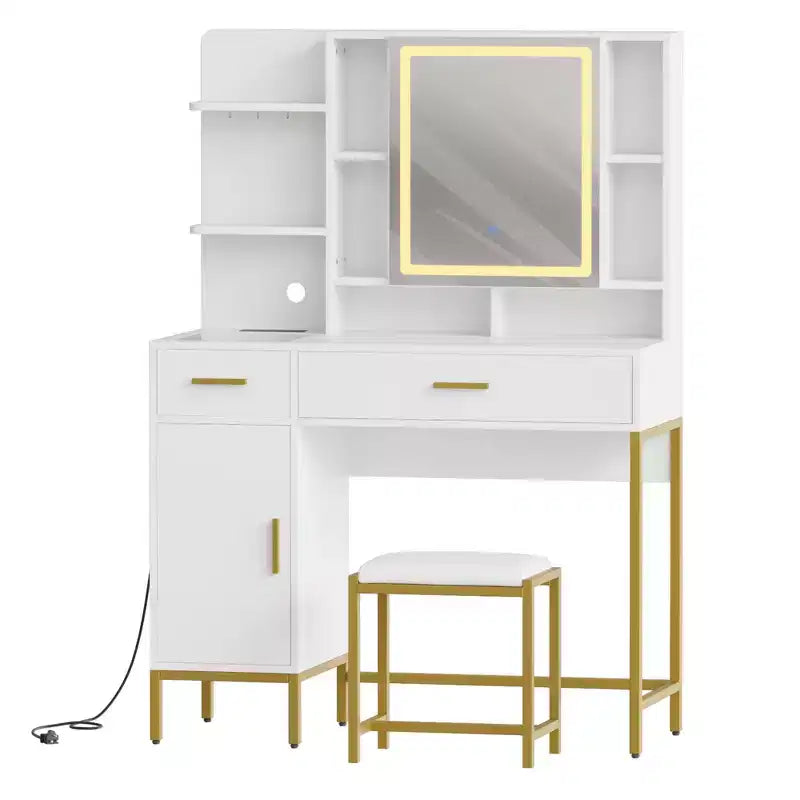 Toeletta da Trucco con Specchio a LED, 2 Cassetti e Sgabello Imbottito