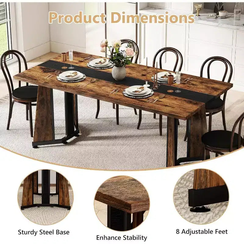Grande tavolo da pranzo per 8 persone – Piano in legno e base in acciaio a V, 180 cm di lunghezza, Marrone rustico