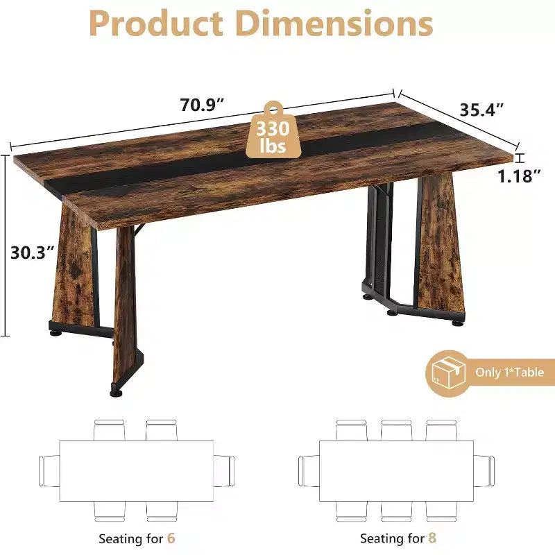 Grande tavolo da pranzo per 8 persone – Piano in legno e base in acciaio a V, 180 cm di lunghezza, Marrone rustico