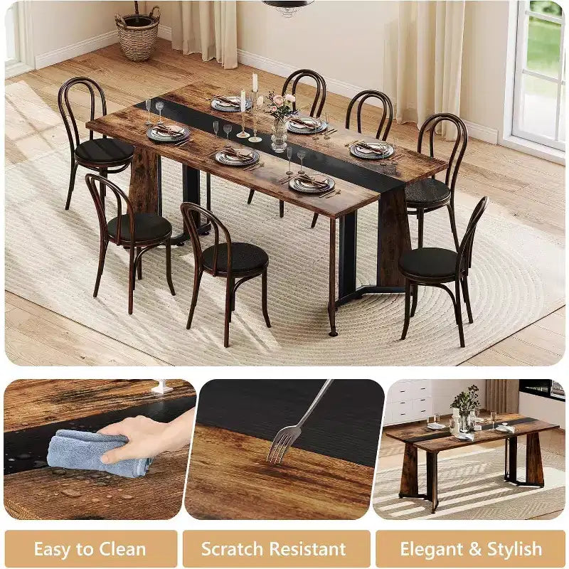Grande tavolo da pranzo per 8 persone – Piano in legno e base in acciaio a V, 180 cm di lunghezza, Marrone rustico