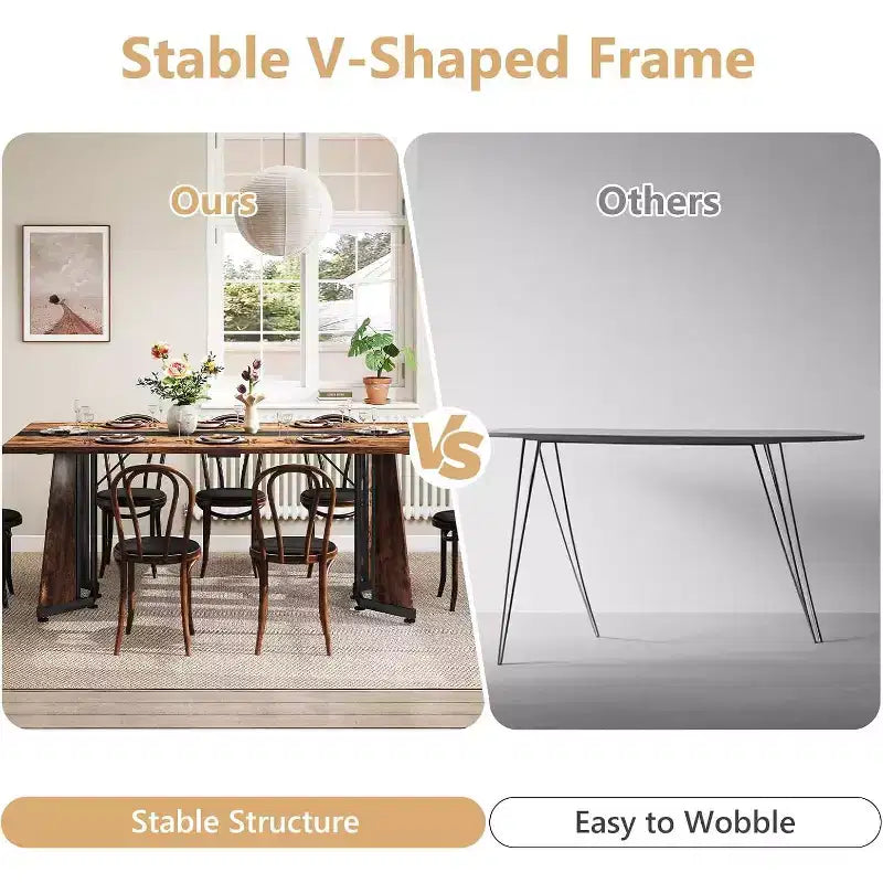 Grande tavolo da pranzo per 8 persone – Piano in legno e base in acciaio a V, 180 cm di lunghezza, Marrone rustico