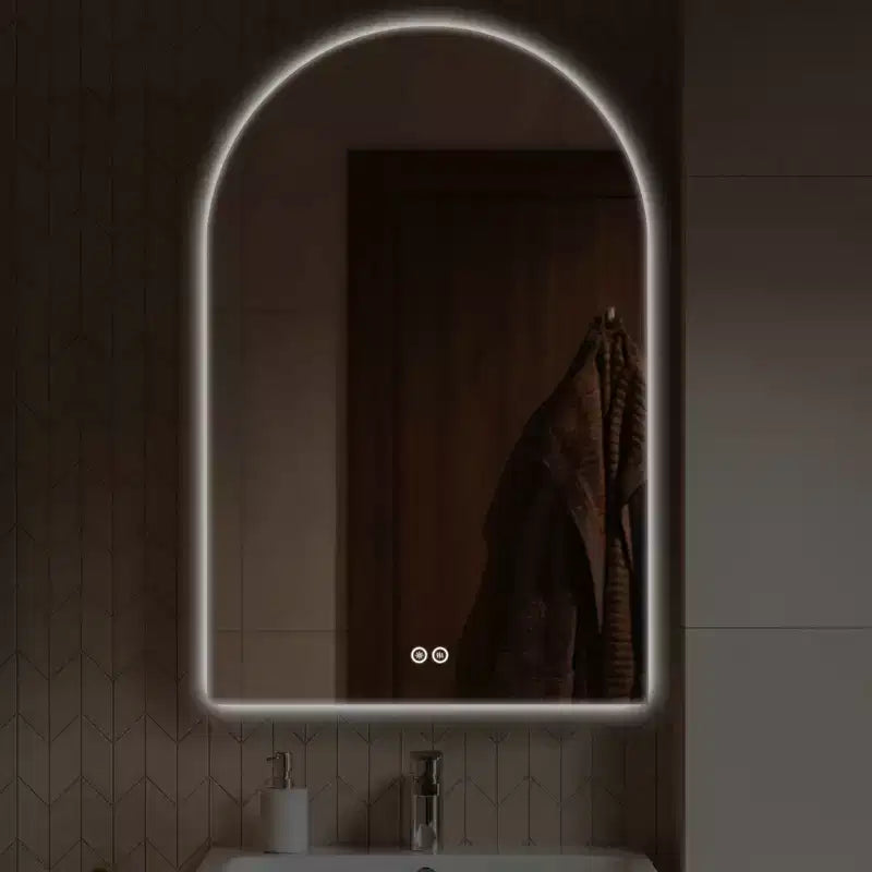 MAYEERTY Arched Aluminum Alloy Bathroom Mirror with Unframed Defogging Function for Bathroom Gold