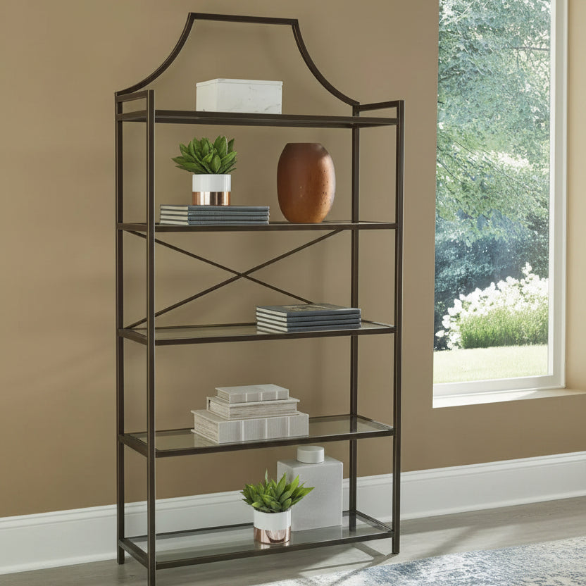 Libreria in vetro da 72" con struttura in metallo – 5 ripiani, bronzo anticato