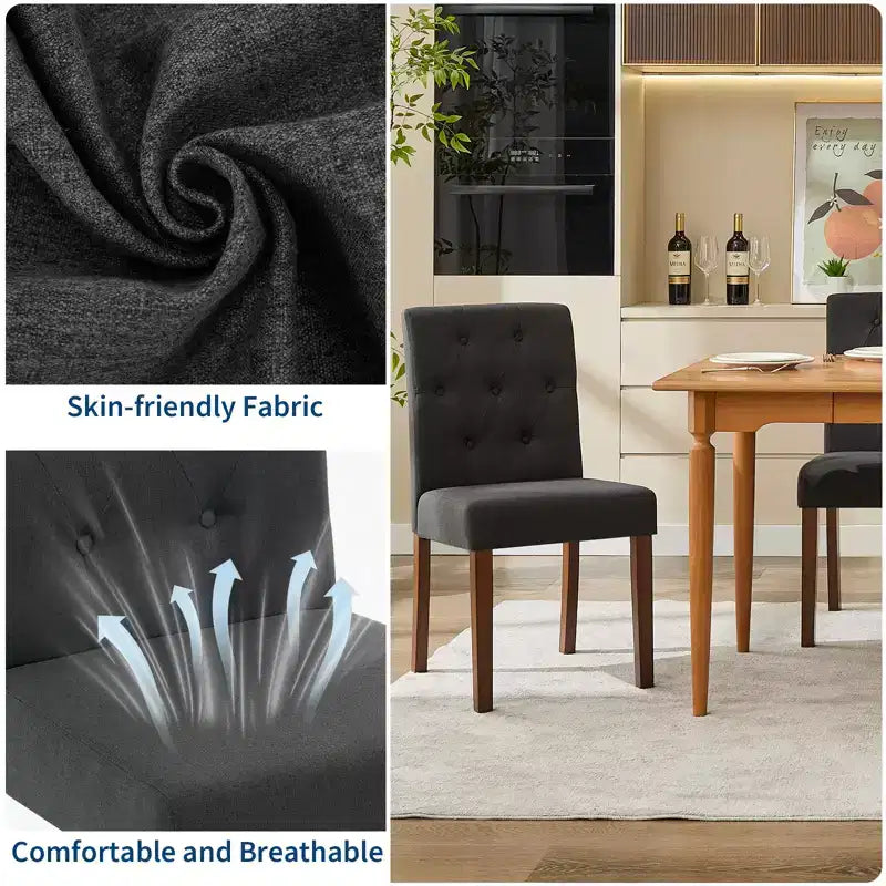 Sedie da pranzo trapuntate – Set da 2, rivestite in lino con gambe in legno