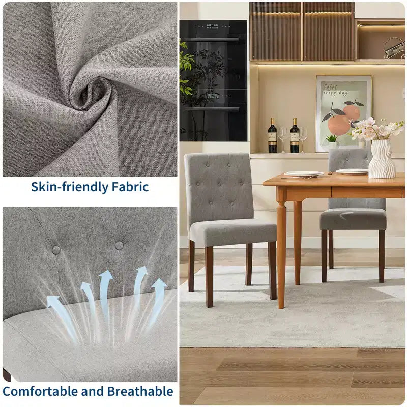 Sedie da pranzo trapuntate – Set da 2, rivestite in lino con gambe in legno