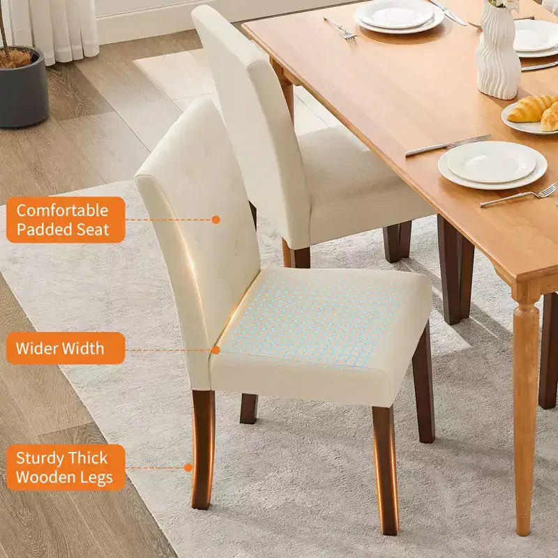 Sedie da pranzo trapuntate – Set da 2, rivestite in lino con gambe in legno