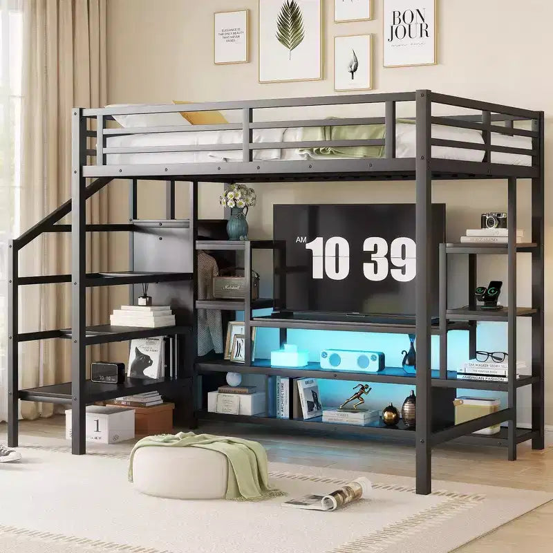 Whisen Full Size Metal Loft Bed with TV Cabinet, Staircase & Wardrobe, Upgraded Entertainment Space