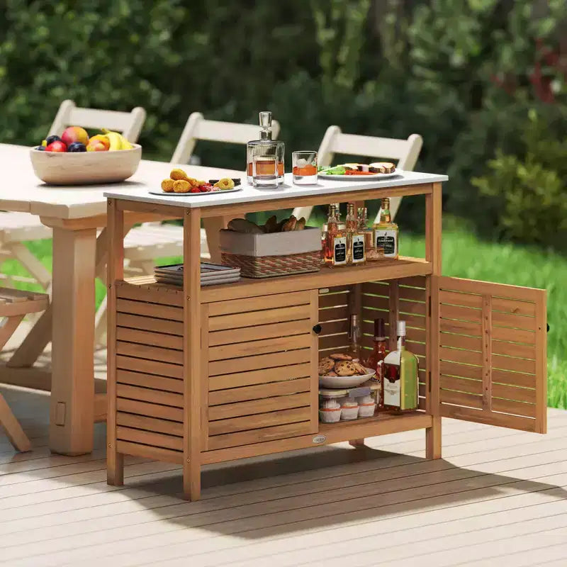 Costway Patio Wood Storage Cabinet with Marble-Like Countertop, Open Shelf & 2 Doors