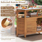 Mobile Contenitore da Esterno in Legno di Acacia con Piano Effetto Marmo, Ripiano Aperto e 2 Ante
