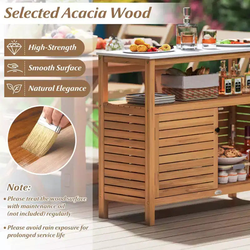 Mobile Contenitore da Esterno in Legno di Acacia con Piano Effetto Marmo, Ripiano Aperto e 2 Ante