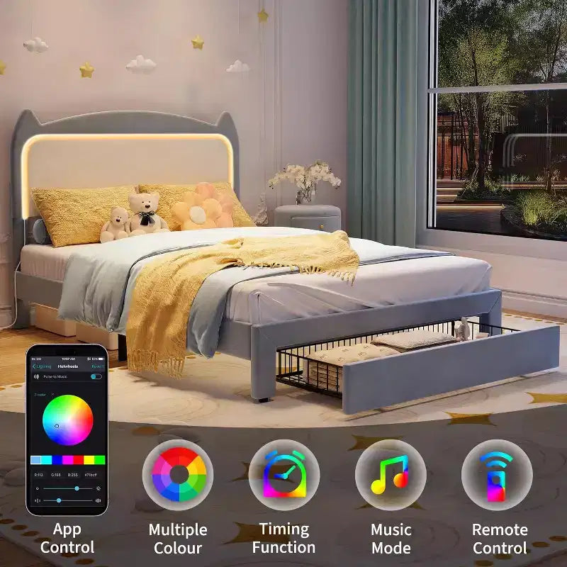 Struttura letto imbottita con testiera a forma di gatto e luci a LED