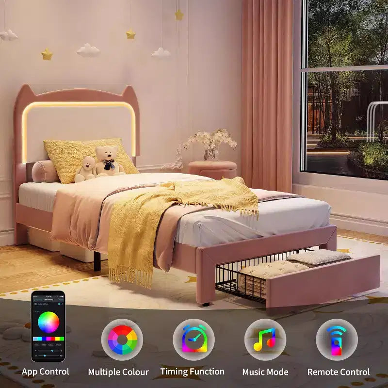 Struttura letto imbottita con testiera a forma di gatto e luci a LED