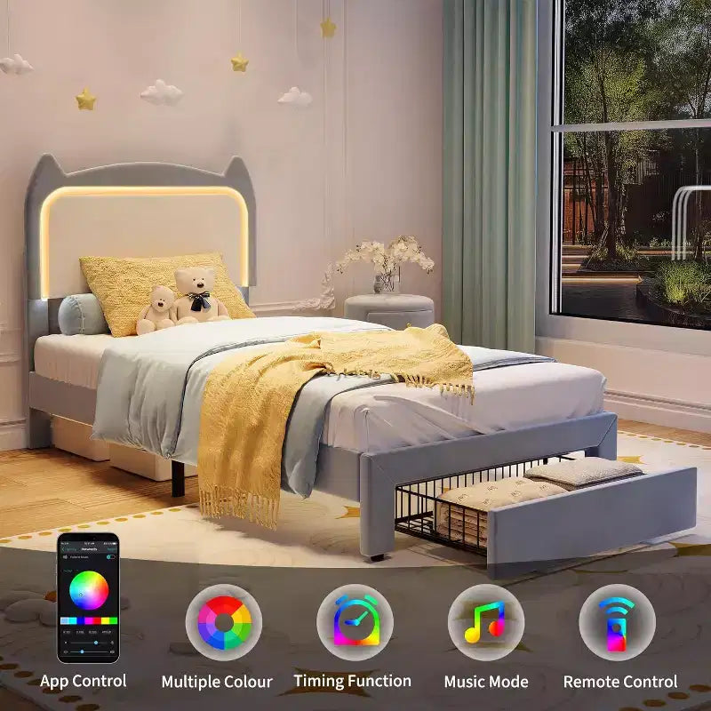 Struttura letto imbottita con testiera a forma di gatto e luci a LED
