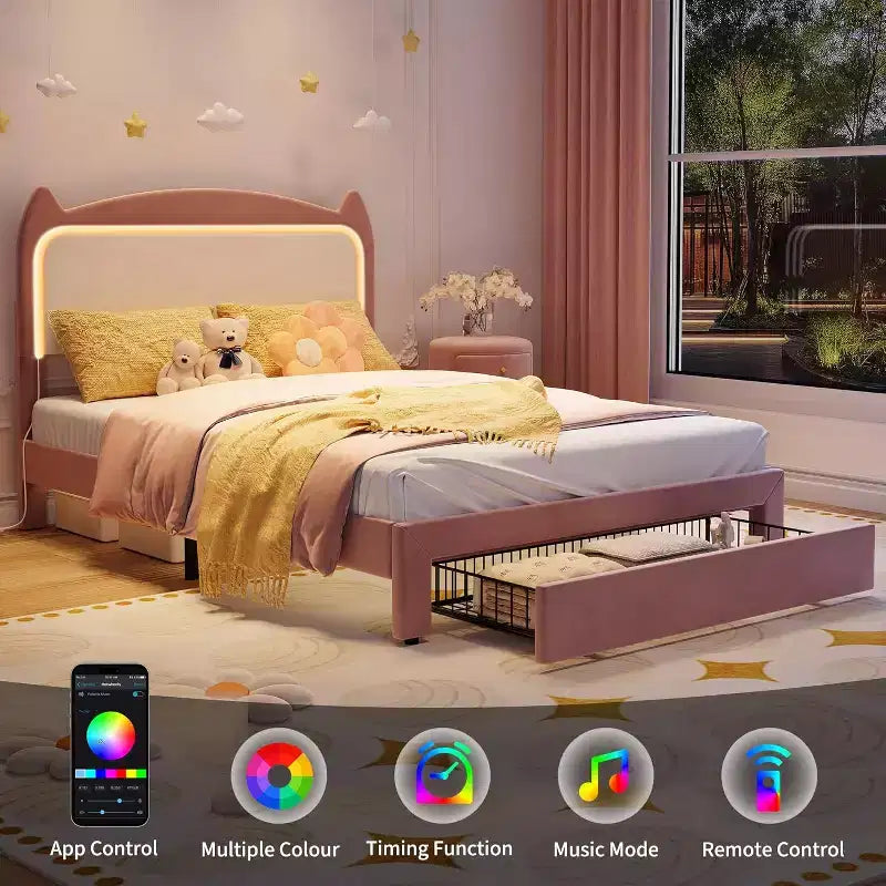 Struttura letto imbottita con testiera a forma di gatto e luci a LED