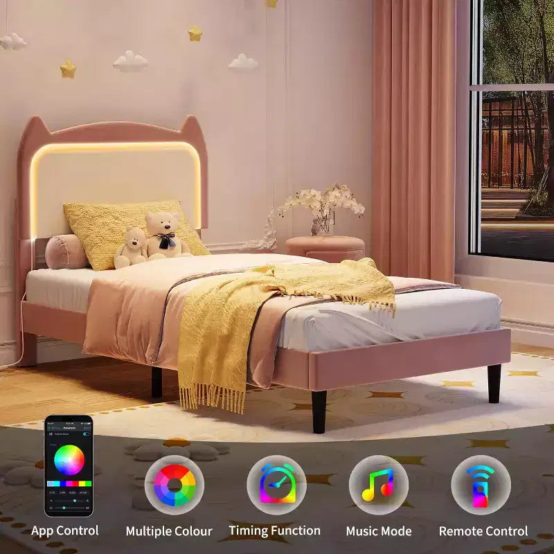 Struttura letto imbottita con testiera a forma di gatto e luci a LED