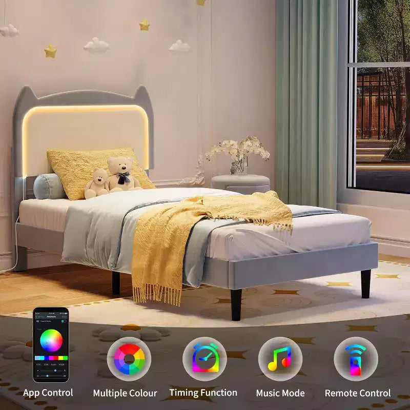 Struttura letto imbottita con testiera a forma di gatto e luci a LED