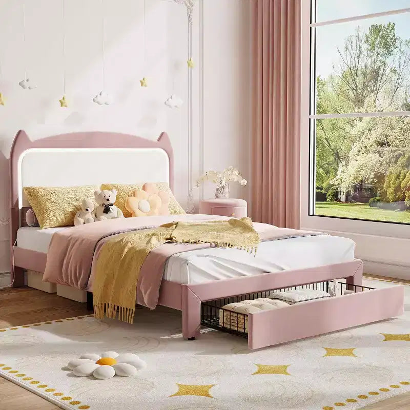Full Platform Bed Frame with Drawer, Noise Free Upholstered Bed Frame with Cat Headboard, GRB LED Lights & Strong Wood Slats Support