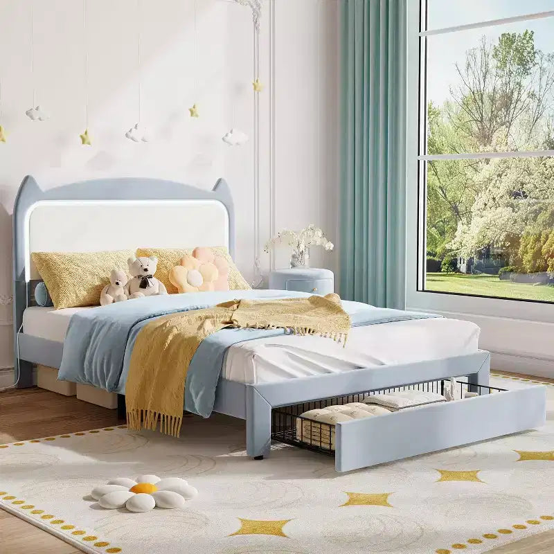 Struttura letto imbottita con testiera a forma di gatto e luci a LED