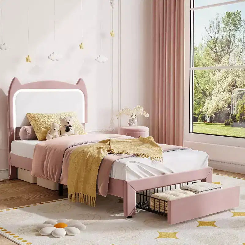 Struttura letto imbottita con testiera a forma di gatto e luci a LED