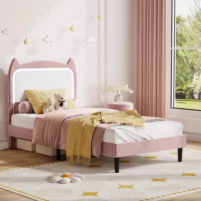 Struttura letto imbottita con testiera a forma di gatto e luci a LED
