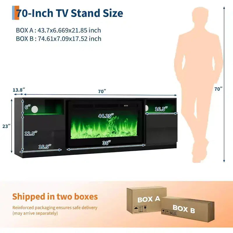Mobile TV da 70 pollici con caminetto elettrico da 36 pollici e illuminazione a LED