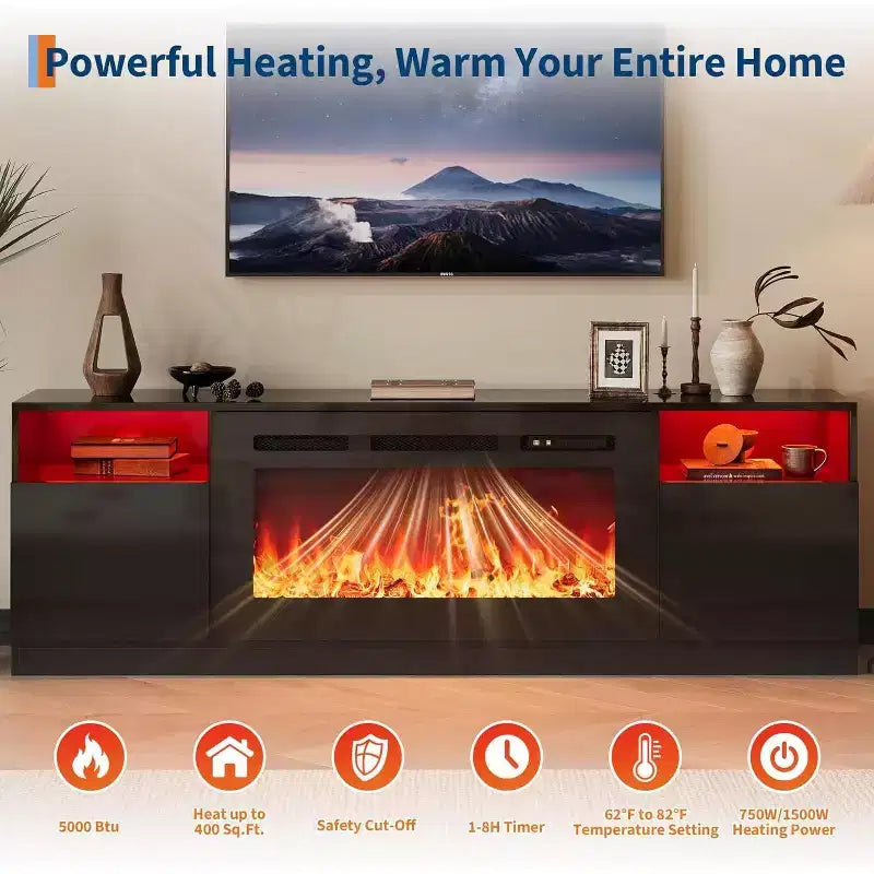 Mobile TV da 70 pollici con caminetto elettrico da 36 pollici e illuminazione a LED