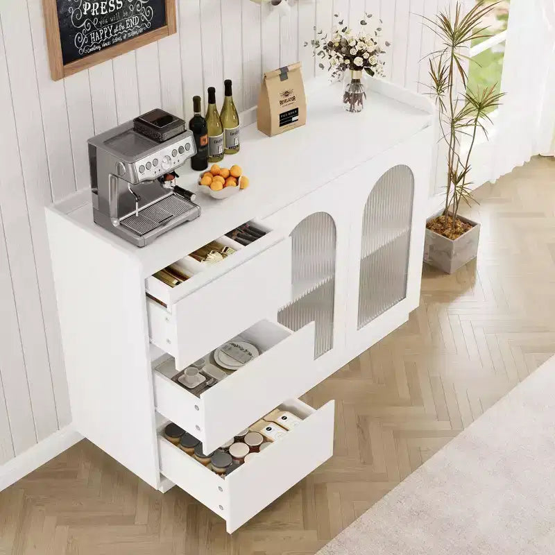 Credenza con luci LED e ante in vetro, 122 cm