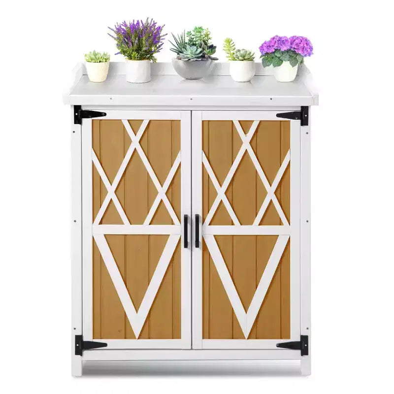 Outdoor Potting Bench with Storage, Garden Work Station Cabinet with Galvanized Metal Top