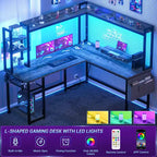 Scrivania angolare a L per computer con libreria e luci a LED