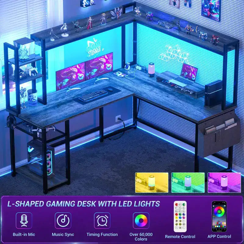 Scrivania angolare a L per computer con libreria e luci a LED