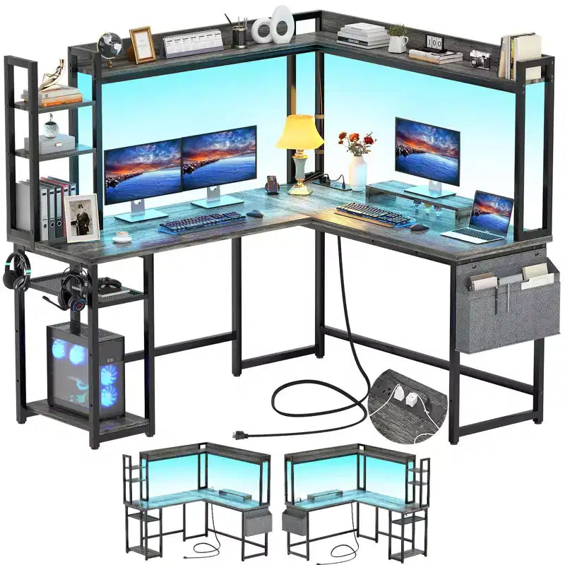 Scrivania angolare a L per computer con libreria e luci a LED