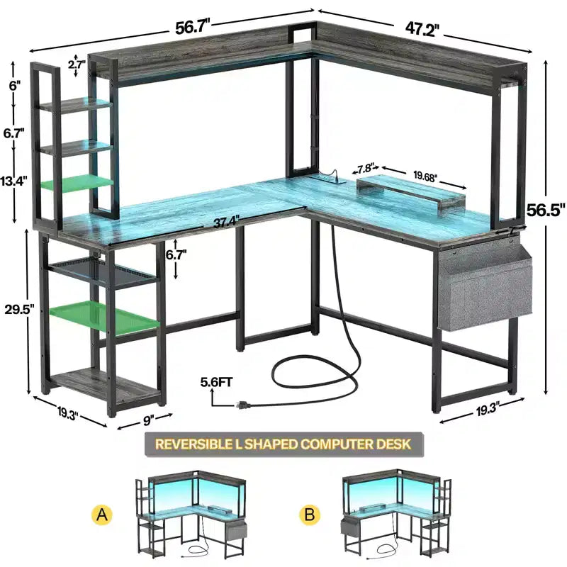Scrivania angolare a L per computer con libreria e luci a LED