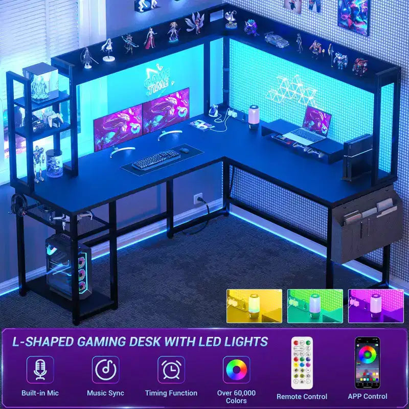Scrivania angolare a L per computer con libreria e luci a LED
