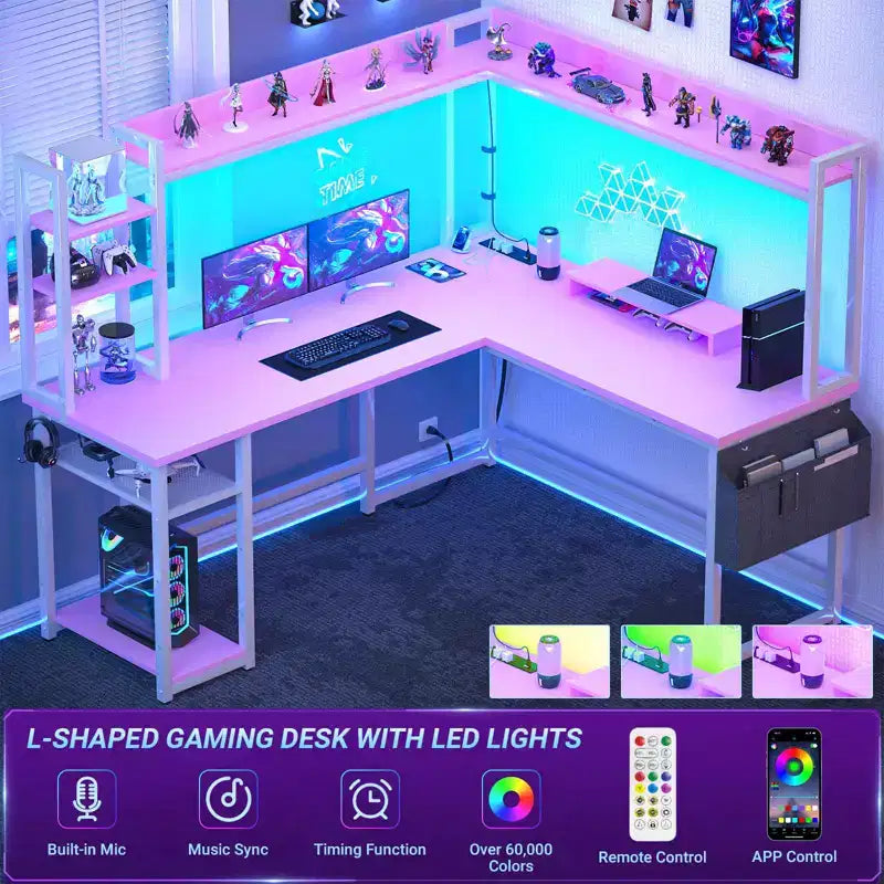 Scrivania angolare a L per computer con libreria e luci a LED