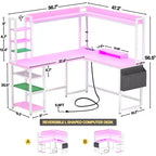 Scrivania angolare a L per computer con libreria e luci a LED