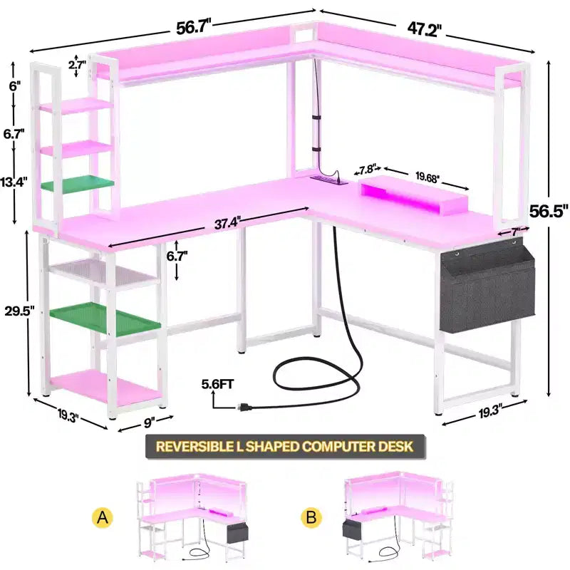 Scrivania angolare a L per computer con libreria e luci a LED